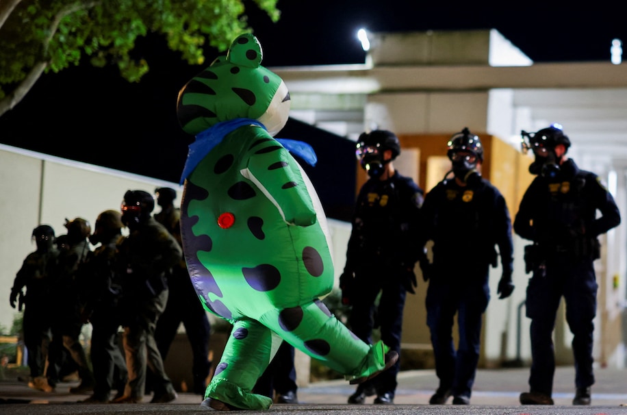 Person in inflatable costume facing riot police line during protests
